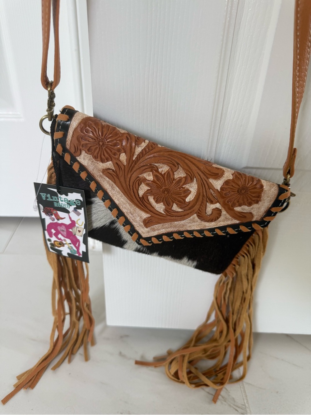 Fringed Tooled Leather Crossbody Bag - Tan & Black